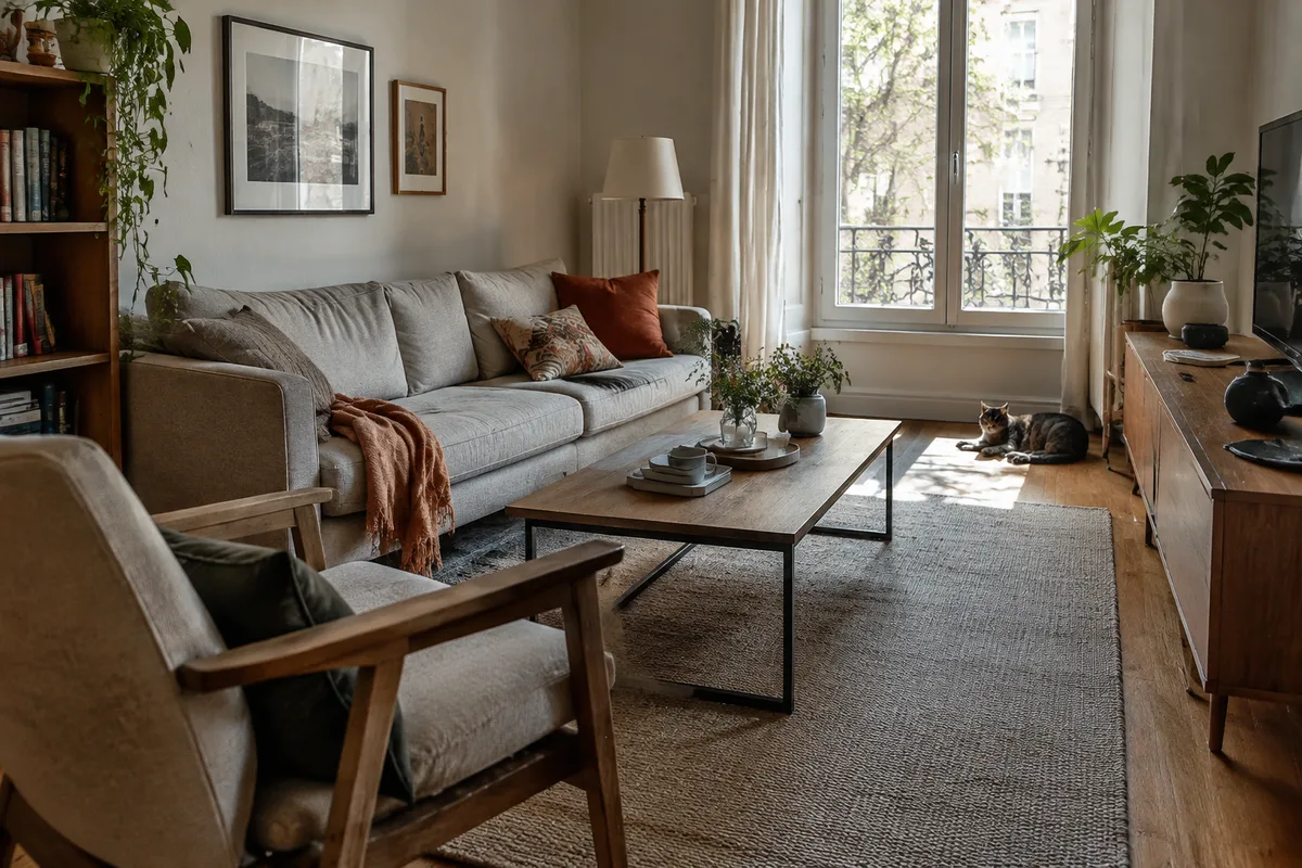 Salon réel avec mobilier aux proportions équilibrées et passage dégagé