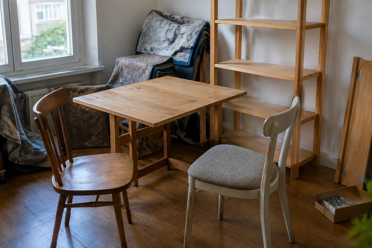 Meubles gratuits à récupérer dans une pièce de stockage, avec table en bois, chaises et étagère
