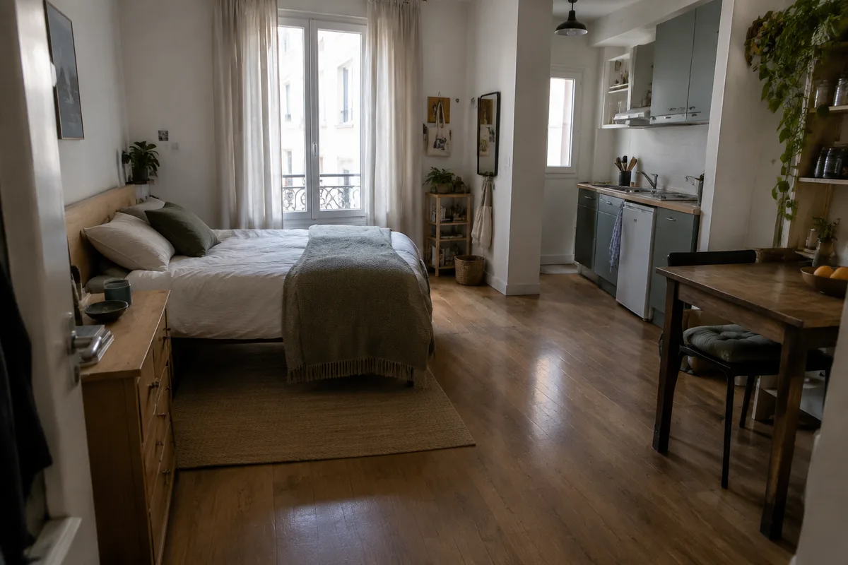Lit placé dans un studio près d'une fenêtre avec un passage dégagé depuis l'entrée