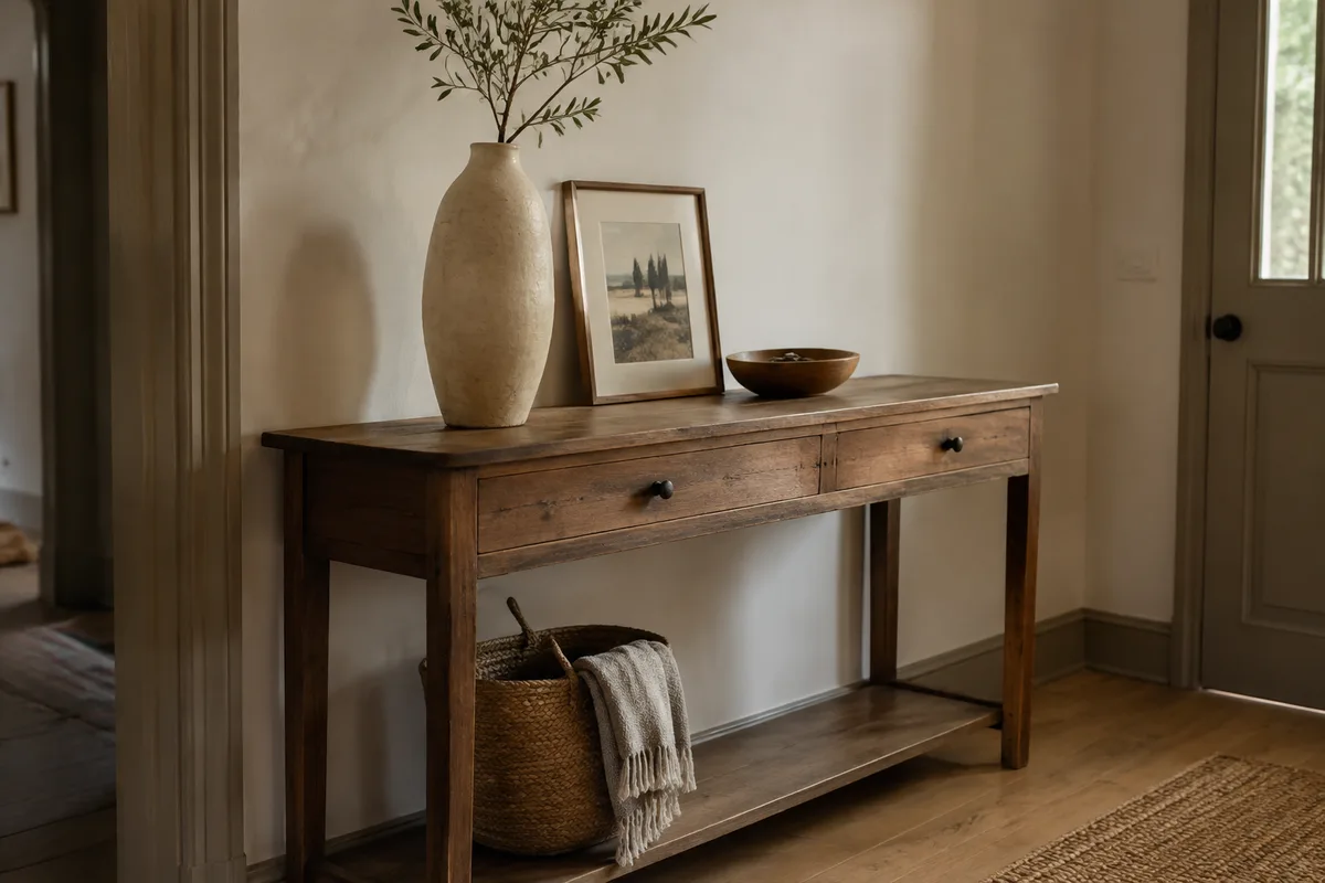 Trois objets déco de hauteurs différentes disposés sur une console en bois